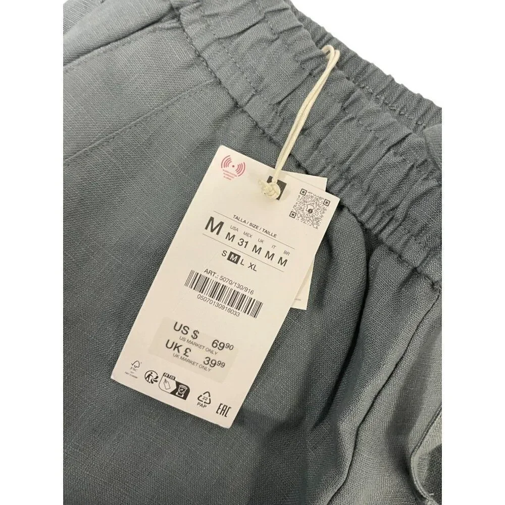 Zara Womens Linen Pants Medium M Trousers Grren Wide-Leg 5070/130 NWT